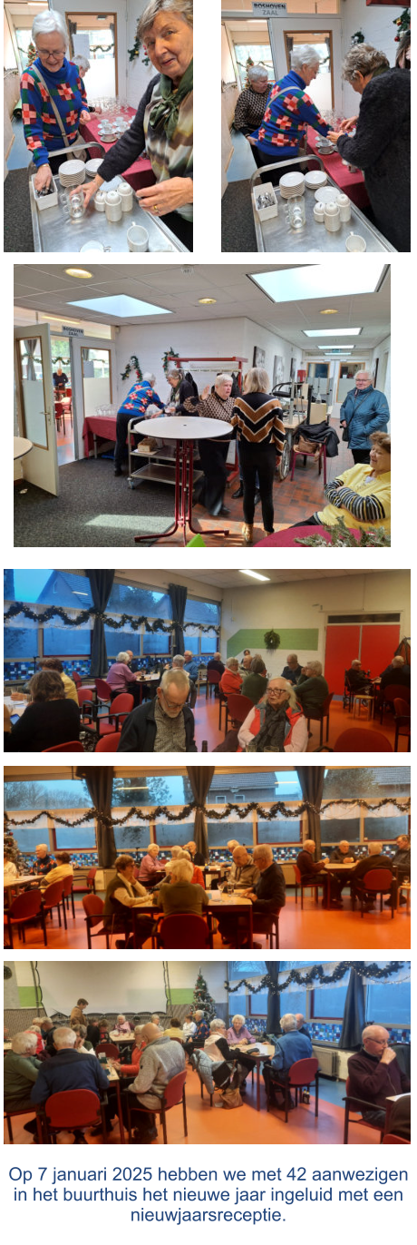 Op 7 januari 2025 hebben we met 42 aanwezigenin het buurthuis het nieuwe jaar ingeluid met een nieuwjaarsreceptie.